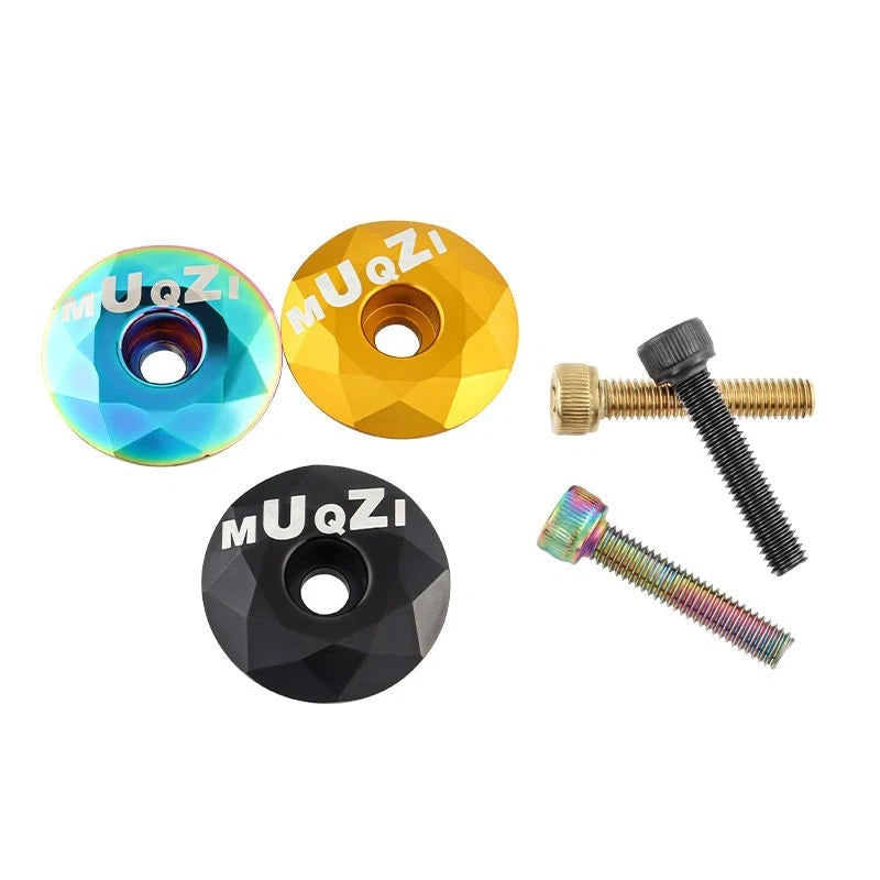 The three top cap finishes shown with their matching bolts