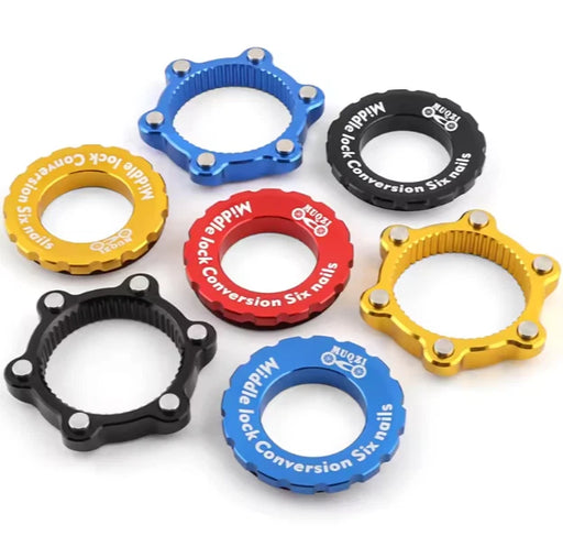 Centrelock to 6 bolt rotor adapters in gold, blue, red and black