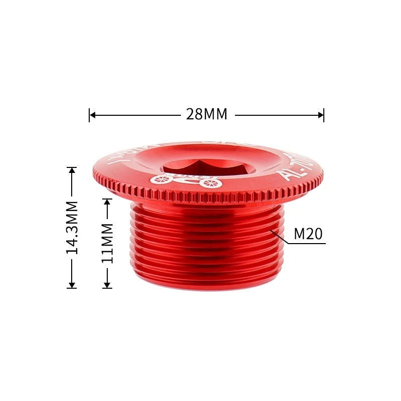 Crank bolt cap dimensions: 28mm across, 14.3mm deep, M20 thread