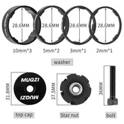 Kit contents and sizes: 10mm, 5mm, 3mm and 2mm spacers, top cap, star nut and 36mm bolt