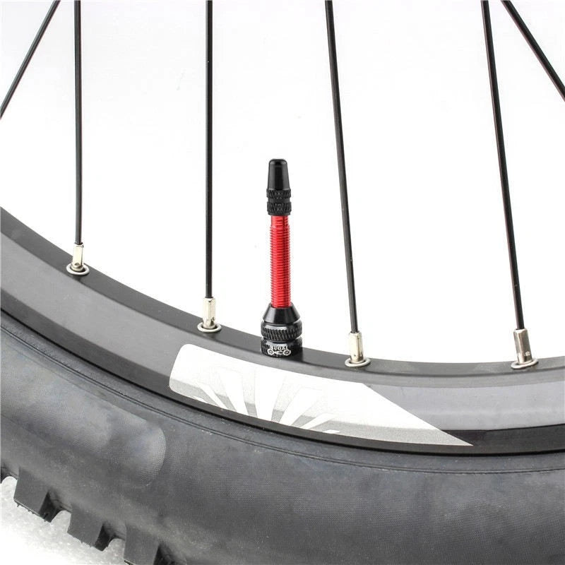 Red tubeless valves fitted to a mountain bike rim