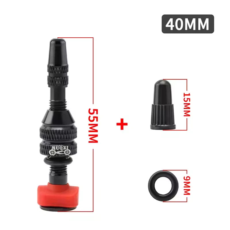 Tubeless valve shown at 55mm overall with its 15mm cap and 9mm rim washer
