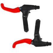 Red silicone lever covers fitted to a pair of flat bar brake levers