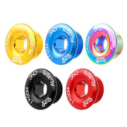 Crank bolt caps in gold, blue, oil slick rainbow, black and red