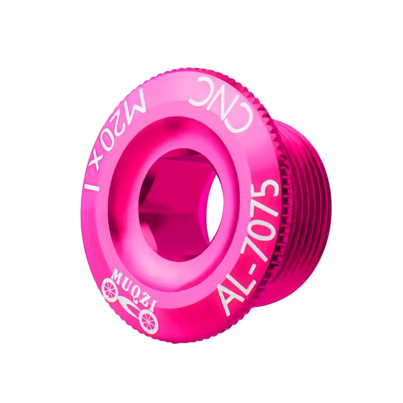 Pink AL-7075 CNC crank bolt cap with an M20 x 1 thread