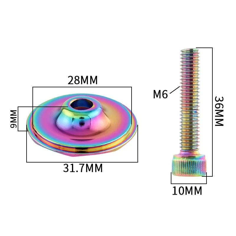 Top cap dimensions: 28mm face, 31.7mm base, 9mm deep, with a 36mm M6 bolt