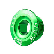 Green AL-7075 CNC crank bolt cap with an M20 x 1 thread