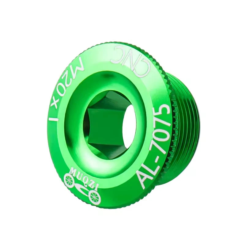 Green AL-7075 CNC crank bolt cap with an M20 x 1 thread