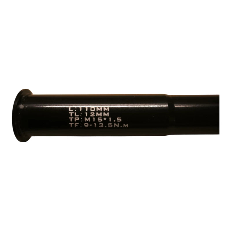 Axle markings showing the 110mm built in size, 12mm thread and M15 x 1.5 pitch