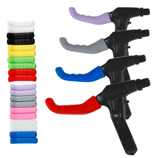 Silicone brake lever covers in ten colours, with several fitted to brake levers