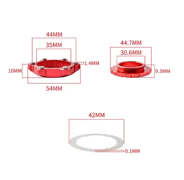 Adapter dimensions: 44mm and 54mm diameters with a 42mm shim