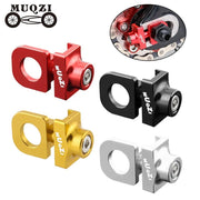 Chain tensioners in red, black, gold and silver, with one shown fitted to a bike