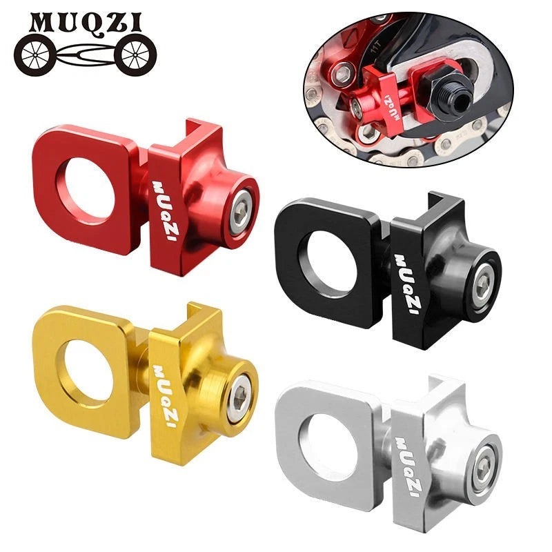 Chain tensioners in red, black, gold and silver, with one shown fitted to a bike